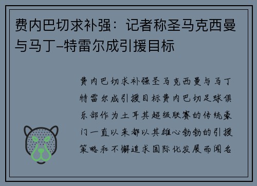 费内巴切求补强：记者称圣马克西曼与马丁-特雷尔成引援目标