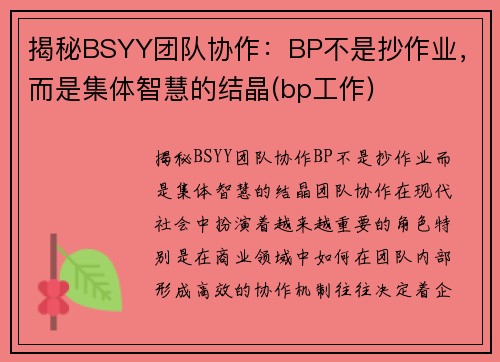 揭秘BSYY团队协作：BP不是抄作业，而是集体智慧的结晶(bp工作)