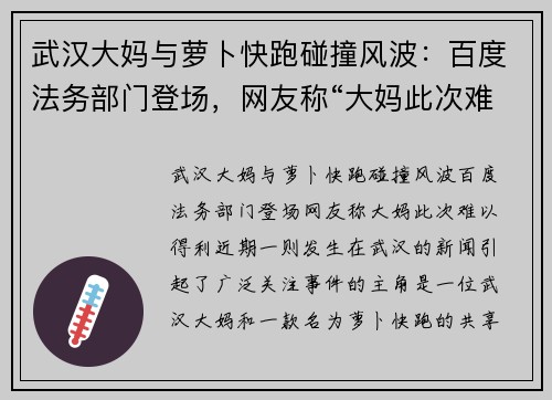 武汉大妈与萝卜快跑碰撞风波：百度法务部门登场，网友称“大妈此次难以得利”