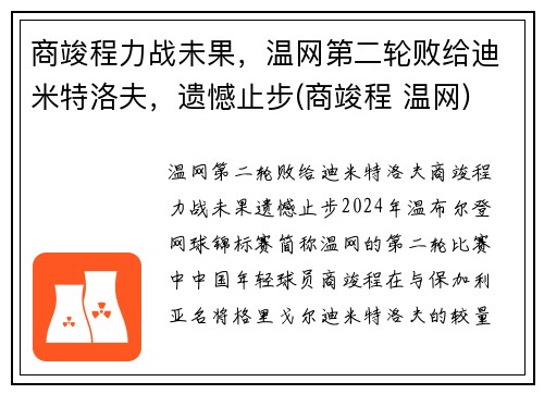 商竣程力战未果，温网第二轮败给迪米特洛夫，遗憾止步(商竣程 温网)