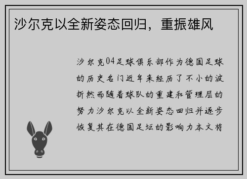 沙尔克以全新姿态回归，重振雄风