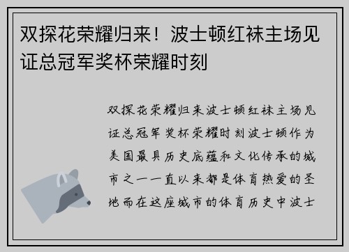 双探花荣耀归来！波士顿红袜主场见证总冠军奖杯荣耀时刻