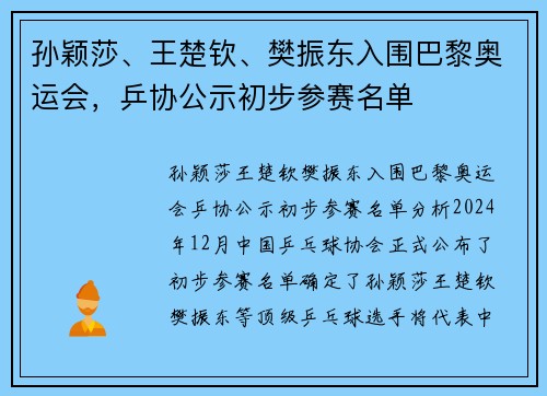 孙颖莎、王楚钦、樊振东入围巴黎奥运会，乒协公示初步参赛名单