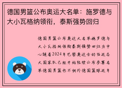 德国男篮公布奥运大名单：施罗德与大小瓦格纳领衔，泰斯强势回归