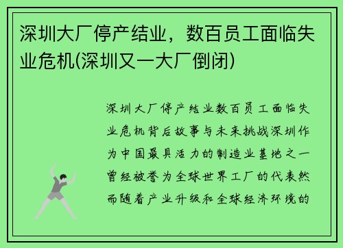 深圳大厂停产结业，数百员工面临失业危机(深圳又一大厂倒闭)