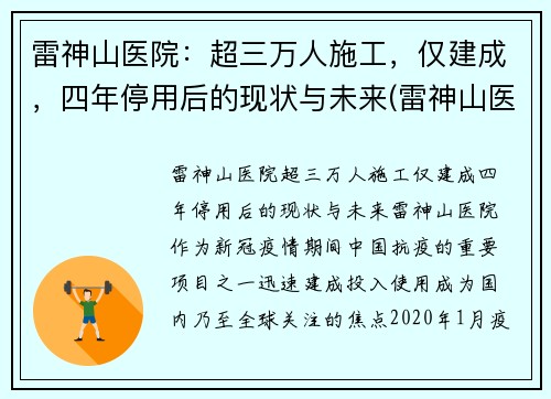 雷神山医院：超三万人施工，仅建成，四年停用后的现状与未来(雷神山医院原来是什么地方)